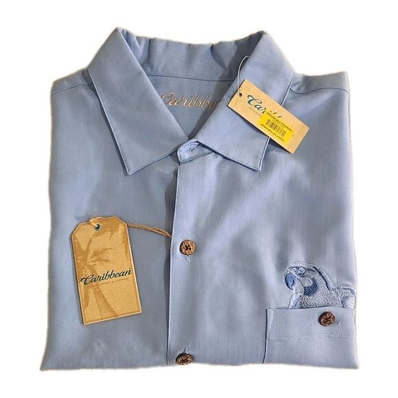 Roundtree & Yorke Caribbean Men's XL Embroidered Short Sleeve Shirt Blue NEW - Picture 1 of 14